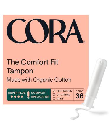Cora Organic Applicator Tampons | Super Plus Absorbency | 100% Cotton Core, Unscented, BPA-Free Compact Applicator | Leak Protection, Easy Insertion, Non-Toxic | Packaging May Vary (36 Count) 36 Count (Pack of 1)
