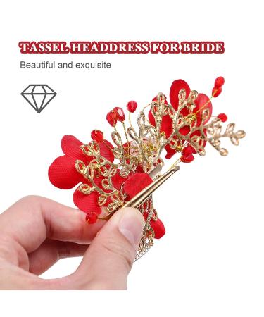 Beaupretty Bridal Tassel Hairpins | Flower Pearl Rhinestone Chinese Style Hair Clip | Wedding Hair Accessories - Red - Buy Online on GoSupps.com
