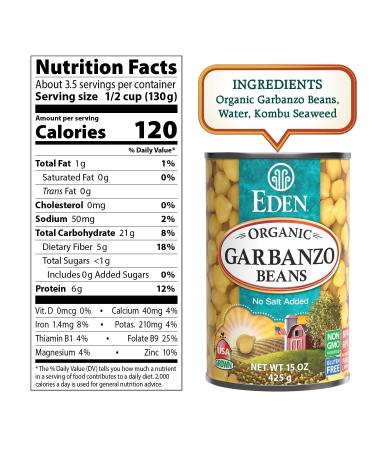 Eden Organic Garbanzo Beans 15 oz (Pack of 12) - No Salt Added | Buy Online - Buy Online on GoSupps.com
