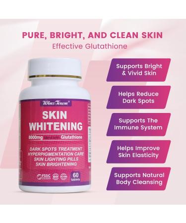 8000mg Glutathione Skin Whitening Tablets | Lighten Dark Spots & Acne Scars | 60 Tablets Supplement - Buy Online on GoSupps.com