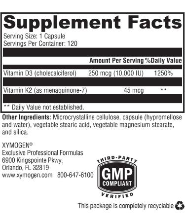XYMOGEN K2-D3 10000 - Vitamin D3 K2 - Bioavailable Vitamin D 10,000 IU (Cholecalciferol) with MK-7 - Heart, Arterial, Bone Health + Immune Support Supplement (120 Capsules) - Buy Online on GoSupps.com