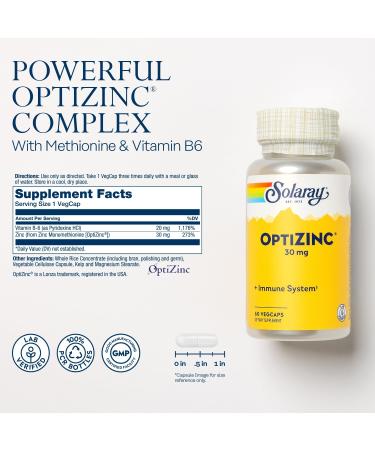 SOLARAY OptiZinc 30mg | Immune System | Methionine & Vitamin B6 | Dietary Supplement Lab Verified 100% PCR Bottles | 60 Vegetarian Capsules - Buy Online on GoSupps.com