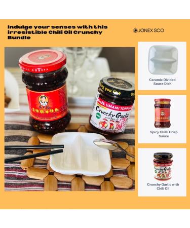 Chili Oil Crunchy Garlic Sauce Spicy Chili Crisp Oil Bundle with JONEX SCO White Small Ceramic Divided Dish Perfect for Side Dishes Sauces Condiments - Buy Online on GoSupps.com