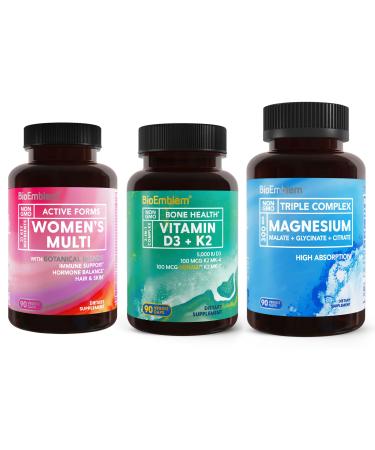 BioEmblem Triple Magnesium Complex and Vitamin D3 K2 and Women's Multivitamin