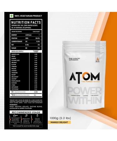 Asitis Nutrition Atom Whey Protein Isolate 1kg - 30g Protein 6.1g BCAA No Added Sugar Mango Delight Flavor - Ultra-Pure Fast Acting Protein for Optimal Recovery - Buy Online on GoSupps.com
