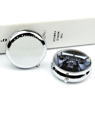 Round Pill Box with Airplane Cockpit Print | 3-Compartment Decorative Metal Pill Organizer | Portable Pocket Medicine Case - Buy Online on GoSupps.com