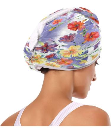 Watercolor Flowers Dry Hair Cap | Quick Drying Towel Set with Button Headband - Super Absorbent & Comfortable - Buy Online on GoSupps.com