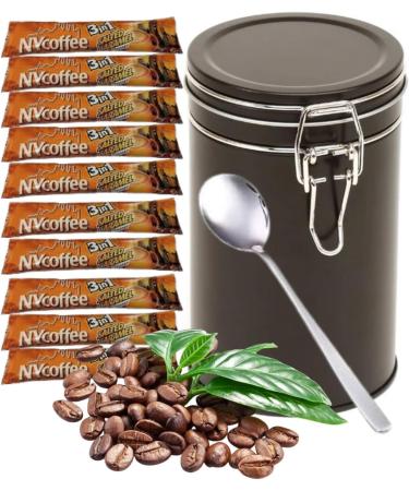 NY 3-in-1 Coffee Sachets Individually Wrapped with Sugar 10 x 14g Bundle with Black Refillable Cannister and Latte Spoon Set for Home Desk or Travel - Buy Online on GoSupps.com
