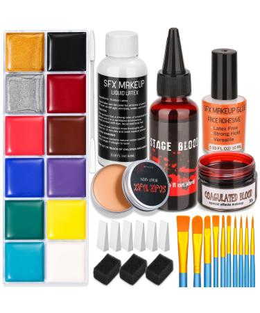 Halloween Makeup SFX Makeup Kit Special Effects Makeup with Face Body Paint Makeup Glue Washable Fake Blood Scar Wax Liquid Latex Paint Brushes for FX Clown Cosplay Costume Halloween Deco