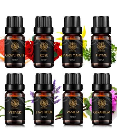 100% Pure Rose Essential Oil Set for Diffuser Aromatherapy Lavender Essential Oil Kit for Humidifier 8x10ml Therapeutic Grade Vanilla Vetiver Ylang Ylang Grapefruit Geranium Thyme Essential Oils