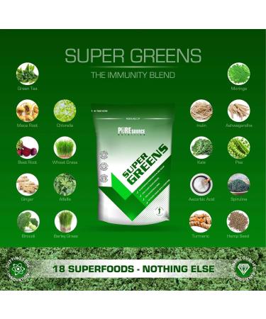 Pure Source Nutrition Vegan Super Greens Powder 18 Superfoods Supergreens Blend Green Tea Maca Inulin Wheat Grass Alfalfa Barley Grass Moringa Spirulina Hemp Seed Powder (250 g) - Buy Online on GoSupps.com