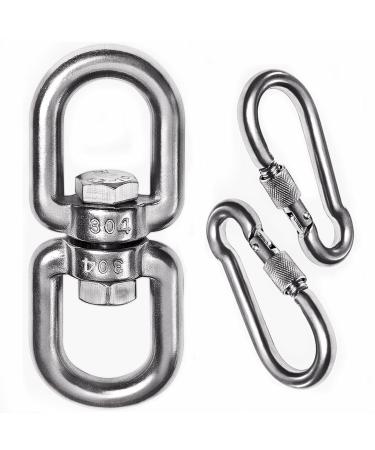 2+1 Heavy Duty 304 Stainless Steel Swivel Ring Double Ended Swivel Eye Hook with SUS304 Snap Hooks for Web Tree Swing, Therapy Swing, Aerial Dance, Swing Spinner Hanger, Reliable and Safe (M8)
