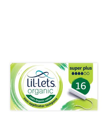 Lil-Lets Organic Non-Applicator Super Plus Tampons 16 Count (Pack of 1) for Heavy Flow Made with 100% Organic Cotton GOTS Certified Vegan Organic Tampons Plastic Free Period Care
