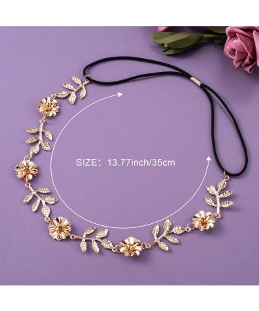 HINZIC 2Pcs Elastic Flower & Gold Leaves Headbands - Wedding Hair Jewelry for Bride Women | Hair Accessories for Valentine's, Engagement, Birthday, Christmas - Buy Online on GoSupps.com