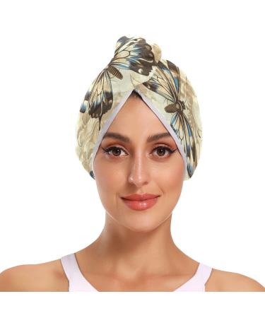 Ethnic Butterflys Hair Towel 2 Pack Super Absorbent Hair Drying Towel Quick Dry Hair Turbans Head Towel with Button Twisty Wrap for Women Girls
