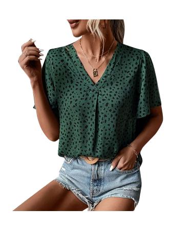 Short Sleeve Women Shirt Unique Print Soft Texture Fashion Pullover Breathable Office Dark Green XL