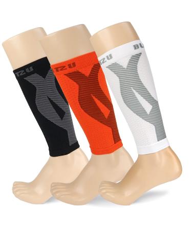 BLITZU 3 Pairs Calf Compression Sleeves for Women and Men Size L-XL, One Orange, One Black, One White Calf Sleeve, Leg Compression Sleeve for Calf Pain and Shin Splints. Footless Compression Socks.