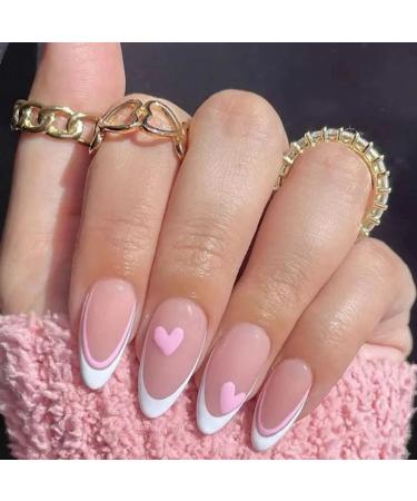 Press on Nails 24 PCS Long Coffin Fake Nails Glue on Nails for Women Girls Teens with Glue Sticker and Nails File, Love Pink Olive False Nails T.Love Pink Olive