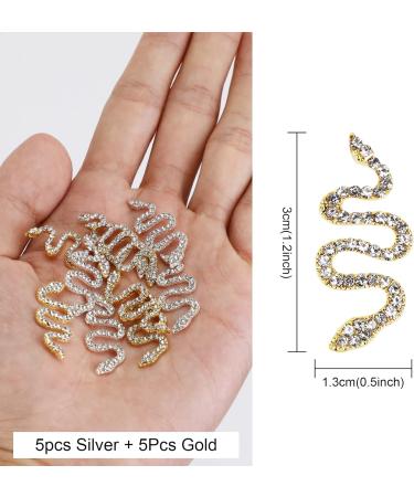 MWOOT 10 Piece 3D Snake Nail Charms Set - Gold & Silver Snake Wave Jewelry Gems Nail Art Kit for Women, Girls, Manicure Salon - Rhinestones Nail Decorations - Buy Online on GoSupps.com
