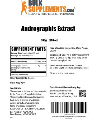 BulkSupplements.com Andrographis Extract Powder - Andrographis Paniculata Herbal Supplement - Gluten Free 1g per Serving 500g (1.1 lbs) (Pack of 1) 17.64 Ounce (Pack of 1) - Buy Online on GoSupps.com