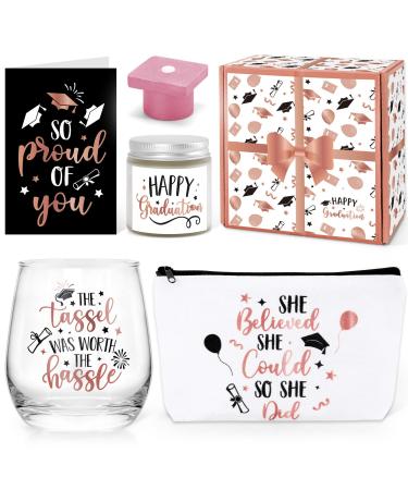 Levfla Graduation Gifts Set Congratulations Present Box for Her Girl Women College Student With Pre-packed Wine Glass Grad Cap Bath Bomb Makeup Bag Candle Card Rose Gold