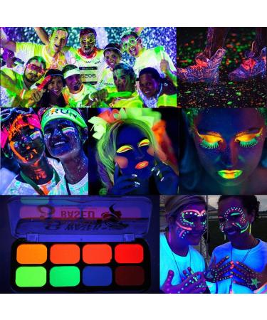 8 Colors Glow In The Dark Face & Body Paint - Neon Fluorescent Makeup for Halloween Parties & Costumes - Water Based UV Blacklight Paint - Buy Online on GoSupps.com