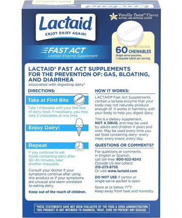 Lactaid Fast Act Chewables 60 ct (Pack of 4) | Natural Lactase Enzyme for Lactose Intolerance Relief | Prevent Gas, Bloating & Diarrhea | Vanilla Twist Flavor | On-the-Go - Buy Online on GoSupps.com