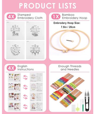 TINDTOP Embroidery Kit for Beginners - 4 Pack Cross Stitch Practice Kits with Threads, Hoops & Cloth - Learn Hand Stitch Technique with Embroidery Skills - Ideal for Craft Lovers - Buy Online on GoSupps.com