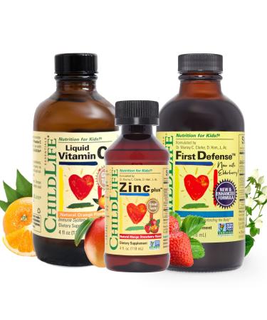CHILDLIFE ESSENTIALS Immune Support Bundle - Vitamin C First Defense & Zinc for Kids Supports The Immune System All-Natural Allergen-Free Non-GMO - Variety of Flavors