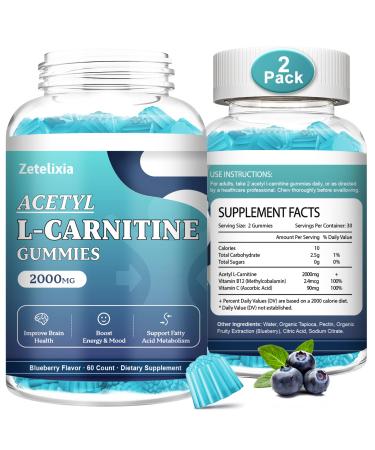 2 Pack Sugar Free Acetyl L-Carnitine Gummies L-Carnitine Supplement for Women & Men with Vitamin C & B12 ALCAR for Energy Brain & Heart Health Support Vegan Non-GMO 120 Count 60 Count (Pack of 2)