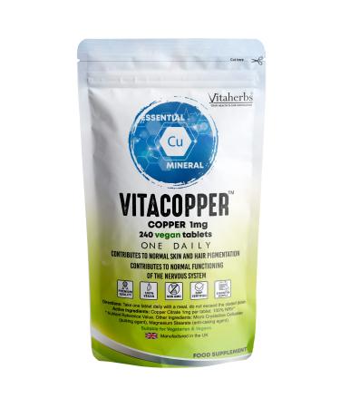 Copper Supplement 1000 mcg 240 Vegan Tablets Copper tablets 8 Month Supply-Contributes To Normal Hair And Hair Pigmentation | Nervous System | Immune System | Copper 1mg - Vitacopper by Viateherbs