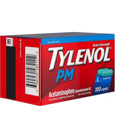 Tylenol PM Extra Strength Caplets 100 ct | Nighttime Pain Relief & Sleep Aid with Acetaminophen & Diphenhydramine HCl - Buy Online on GoSupps.com