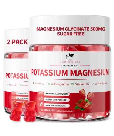 2 Pack Potassium Magnesium Gummies Sugar Free Potassium Supplement Magnesium Glycinate 500mg Ashwagandha Vitamins D3 C B6 Calcium & Zinc for Sleep Leg Cramps & Muscle Relaxation-120 Count Strawberry 60 Count (Pack of
