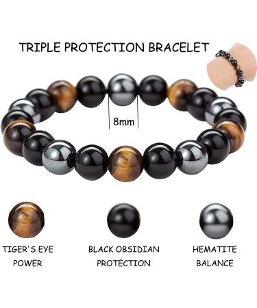 8mm Tigers Eye Triple Protection Bracelet with Black Obsidian and Hematite - Lucky Charm for Men and Women - Buy Online on GoSupps.com