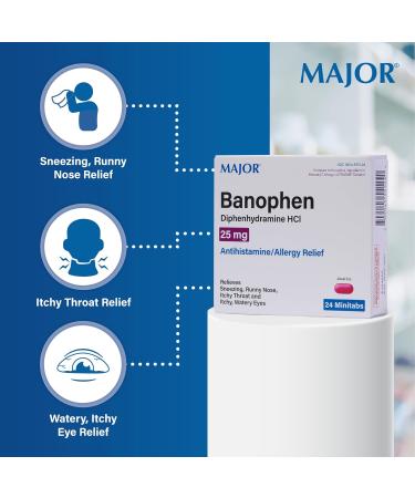 MAJOR Banophen Diphenhydramine HCI 25 mg Minitabs - Temporary Relief from The Symptoms of Hay Fever and Upper Respiratory Allergies - Antihistamine - Allergy Medicine - 24 Count (3 Pack) - Buy Online on GoSupps.com