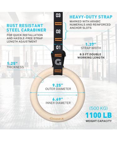Gonex Wooden Gymnastic Rings with Adjustable Straps | Crossfit & Workout Exercise Rings for Outdoor Training | Quick Install Carabiner | Non-Slip Birch Wooden Rings - Buy Online on GoSupps.com