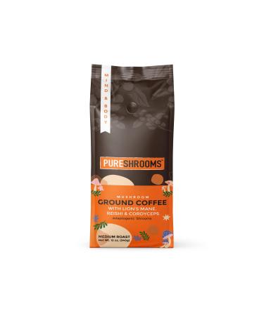 Fresh Ground Mushroom Coffee w/Organic Lion's Mane, Reishi, Cordyceps - Adaptogens For All Day Energy. Focus & Stress Relief - Herbal Substitute - Medium Roast (12 OZ, Mind & Body)