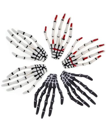 3 Pairs Red Nail White and Black 3" Skeleton Hand Hair Clips Halloween Party Accessories Skull Bone Shape Hairpin for Women Girls Red Nail White White and Black
