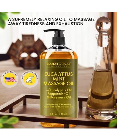 Majestic Pure Eucalyptus Mint Massage Oil 8 fl oz - Refreshing & Relaxing Therapeutic Blend - Natural Oils for All Skin Types - Made in USA - Buy Online on GoSupps.com