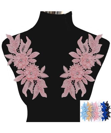 KEJUEEB 1 Pair 3D Lace Applique  Sew Flower Bead Patches Embroidery Floral Motif Beaded Rhinestones Lace Trim Fabric Pearl Appliques for Sewing Wedding Bride Dress Veil Clothes Decor (Pink) (KJ-16)
