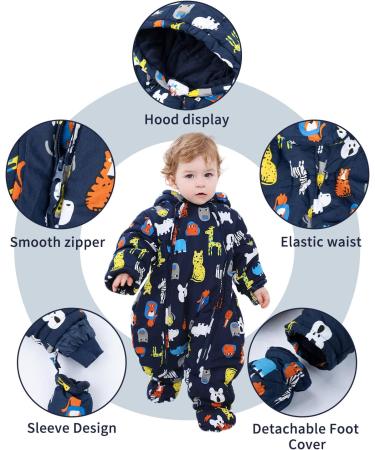 Lobmouse Baby Winter Snowsuit Jumpsuit | Hooded Romper for Boys & Girls | Thick & Warm Infant Coat Outfit | Dark Blue Animals | 18-24 Months - Buy Online on GoSupps.com