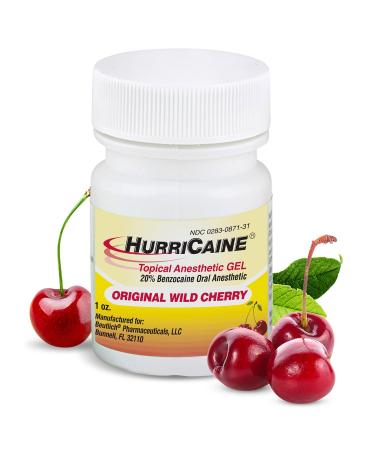 HurriCaine Topical Anesthetic Gel 1oz Fast-Acting 20% Benzocaine for Temporary Relief of Minor Mouth Irritation Caused by Canker Sores Dental Procedures & More - OTC Dye-Free Formula - Wild Cherry