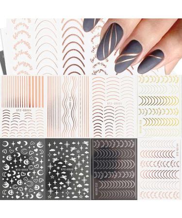 French Metallic Line Nail Art Stickers Decals 8 Sheet Self-Adhesive Rose Gold Metal Curve Stripe Design Manicure Tips Nail Decoration for Women Girls - Buy Online on GoSupps.com