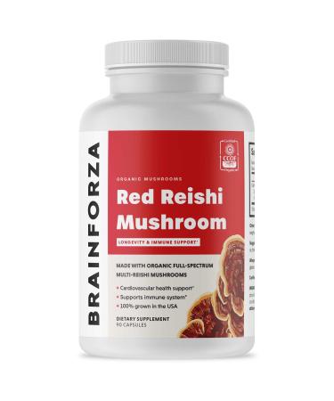 Brain Forza Organic Red Reishi Mushroom Capsules Adaptogenic Mushroom Powered Immune Support Heart and Cardiovascular Health General Wellness and Vitality Non-GMO Vegan Organic 90 Capsules