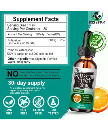 Potassium Citrate Liquid Drops Potassium Supplement 1000mg Liquid Support Muscle Cramp Relief Heart Health and Sleep Highly Absorbable for Adults Women & Men Vegan 30 Servings - Buy Online on GoSupps.com