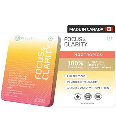 REJUVE+ Focus & Clarity Nootropic Supplement Brian Boost | L-Theanine Caffeine Lion s Mane Magnesium Vitamin B6 & B12 | Brain Support Memory Focus & Energy | Mint Flavor (30 Chewables) (1)