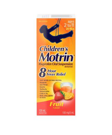 Motrin Children's Liquid Pain Relief Reduces Fever for up to 8 hours Ibuprofen Fruit Flavour Dye Free 120ml