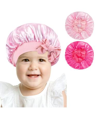 Arqumi Silk Satin Bonnet for Kids 2Pcs Soft Baby Bonnet Sleeping Cap with Elastic Strap Adjustable Night Cap Hair Bonnet for Toddler Child Teens Rose&Pink One Size Rose&Pink