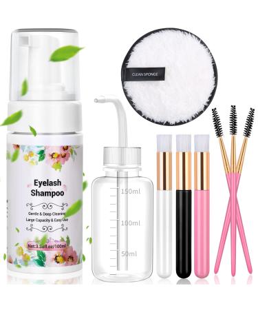 Lash Shampoo for Lash Extensions, 100ml Eyelash Extension Cleanser Kit with Rinse Bottle, Brushes, Remover Pad for Lahses & Extension Cleaning,Lash Cleanser for Extensions Kit for Beginner Home Salon
