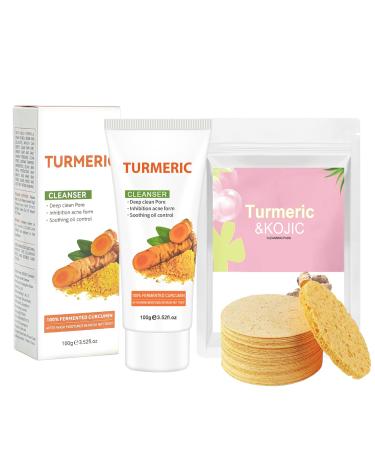 Turmeric Facial Cleanser with Cleansing Pads - Turmeric Face Wash Soap & 20Pcs Facial Sponges Natural Turmeric Soap And Face Pads Skin Care Set for Women & Men Smooth Skin Turmeric Cleanser with 20pcs Facial Sponges